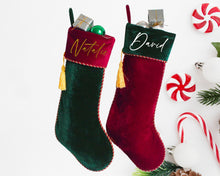 Load image into Gallery viewer, Luxury Personalised Velvet Christmas Stockings, Made of Premium Velvet, Colour: Red, White and Emerald Green
