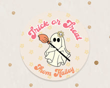 Load image into Gallery viewer, Halloween Groovy Ghost with a Broom Style Favour Stickers, Halloween Stickers
