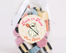 Load image into Gallery viewer, Halloween Groovy Ghost with a Broom Style Favour Stickers, Halloween Stickers
