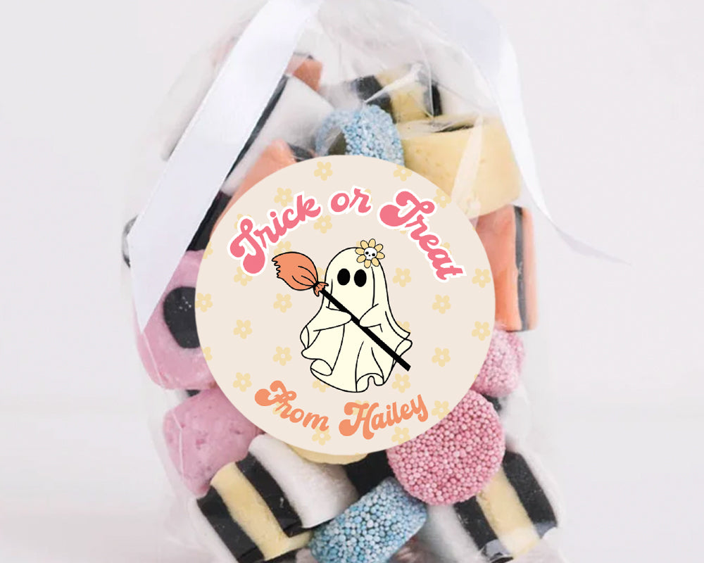 Halloween Groovy Ghost with a Broom Style Favour Stickers, Halloween Stickers