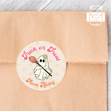 Load image into Gallery viewer, Halloween Groovy Ghost with a Broom Style Favour Stickers, Halloween Stickers
