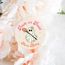 Load image into Gallery viewer, Halloween Groovy Ghost with a Broom Style Favour Stickers, Halloween Stickers
