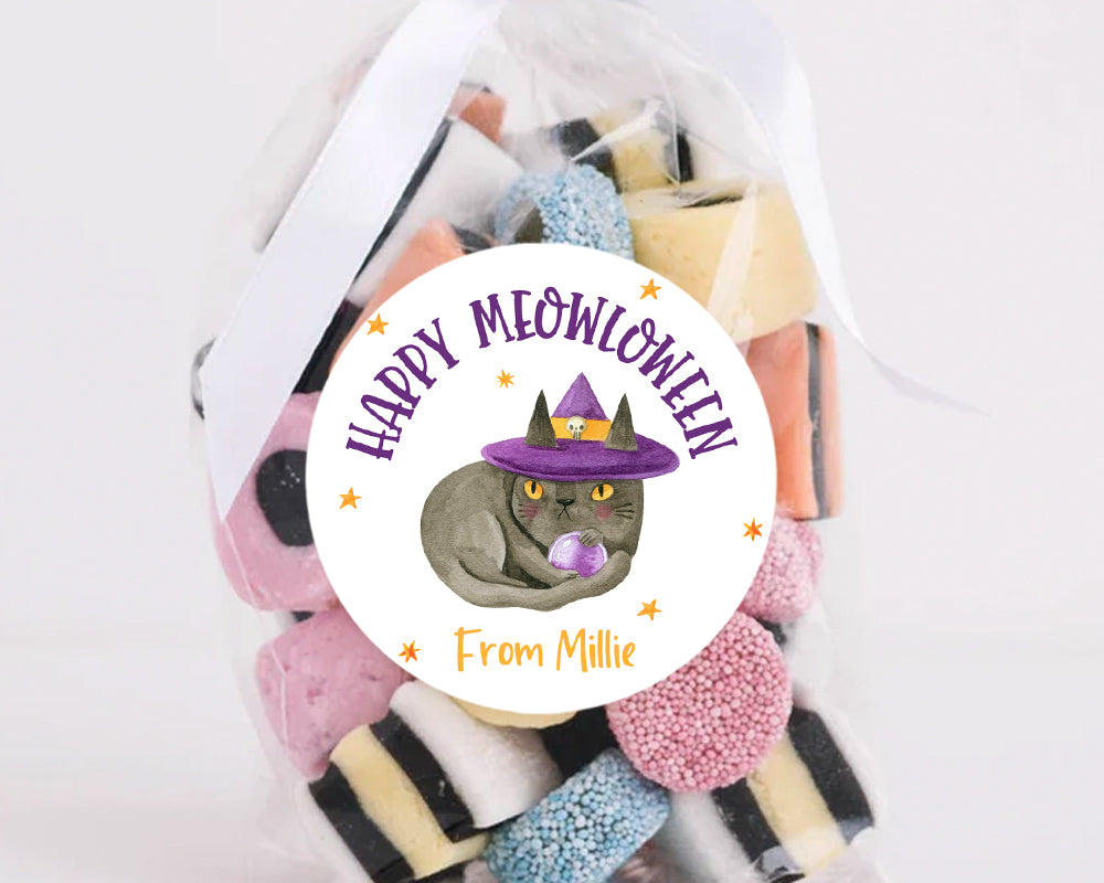 Halloween Black Cat Style Favour Stickers, Happy Meowloween