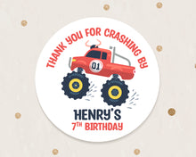 Load image into Gallery viewer, Red Monster Truck Style Birthday Stickers &quot;Thank You for Crashing By&quot; Sticker
