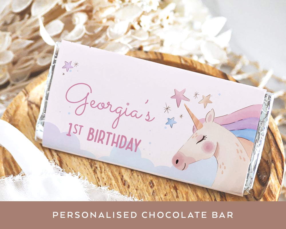 Customised Dreamy Unicorn Style Mini Milk Chocolate Bar 40g, Personalised Party Favour