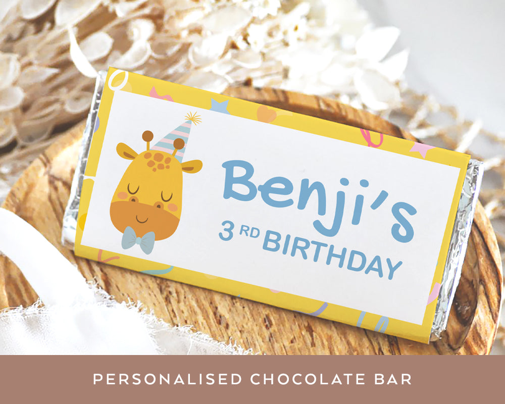 Customised Cute Giraffe Style Mini Milk Chocolate Bar 40g, Personalised Birthday Party Favour
