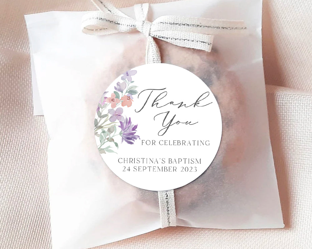 Floral Lilac Watercolour Floral Style Christening Baptism Stickers