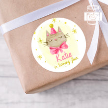 Load image into Gallery viewer, Watercolour Style Cat in Pink Ribbon Kids Birthday Party Stickers
