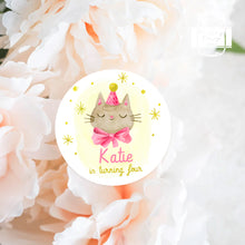Load image into Gallery viewer, Watercolour Style Cat in Pink Ribbon Kids Birthday Party Stickers
