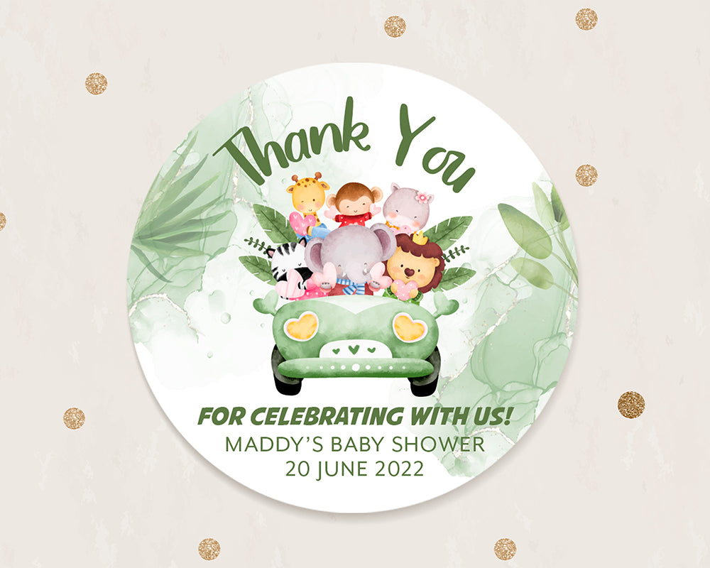 Cute Safari Animals in Car Baby Shower Thank You Stickers