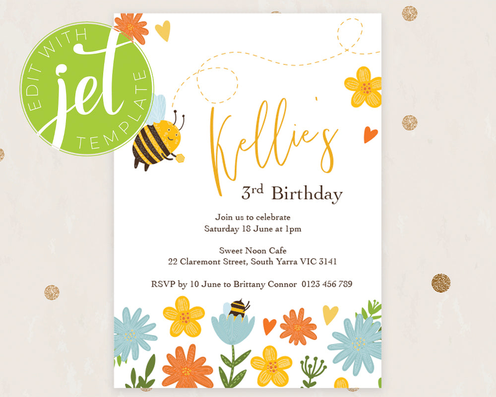 Bee Birthday Printable Invitation Template, Cute Bee Print It Yourself Bee Party Birthday Invite, Invitation Template