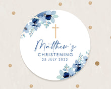 Load image into Gallery viewer, Watercolour Blue Floral Style Christening Stickers Baptism Stickers Thank You Stickers
