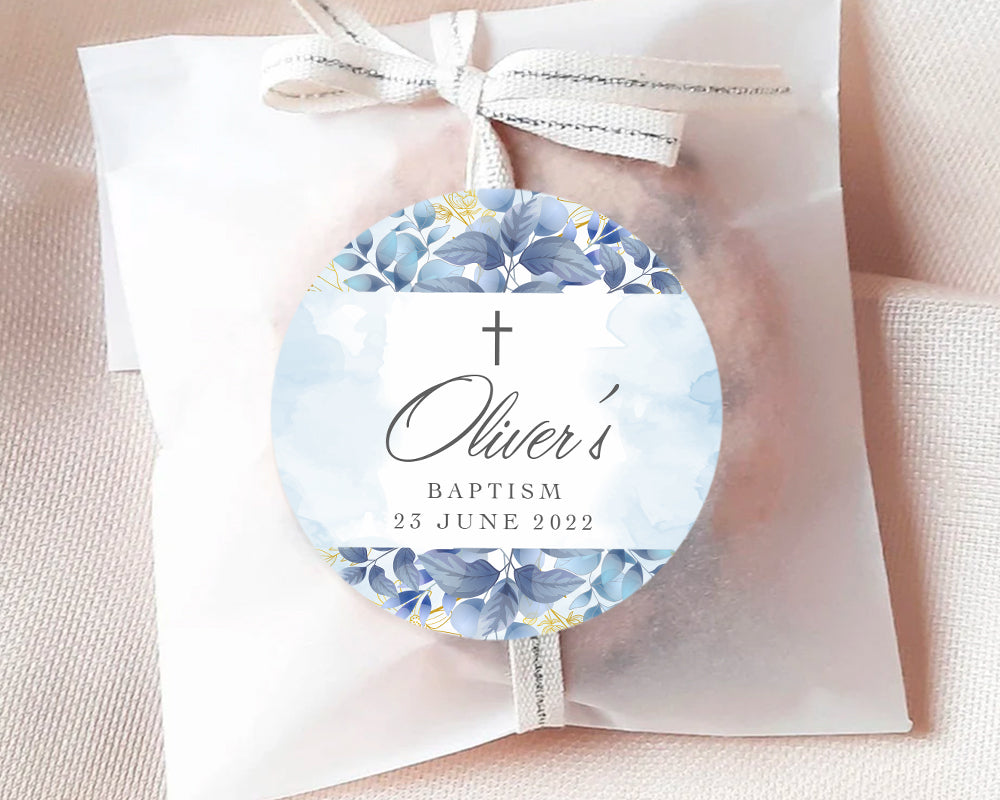 Blue Greenery Style Christening Stickers Baptism Stickers Thank You Stickers
