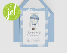 Load image into Gallery viewer, Blue Hot Air Balloon Style Birthday Invitation Printable, Boy Birthday Print It Yourself Hot Air Balloon Birthday Invite Invitation Template
