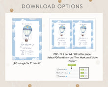 Load image into Gallery viewer, Blue Hot Air Balloon Style Birthday Invitation Printable, Boy Birthday Print It Yourself Hot Air Balloon Birthday Invite Invitation Template
