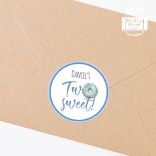Load image into Gallery viewer, Two Sweet Blue Doughnut Style Birthday Party Stickers
