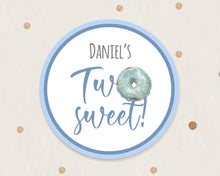 Load image into Gallery viewer, Two Sweet Blue Doughnut Style Birthday Party Stickers
