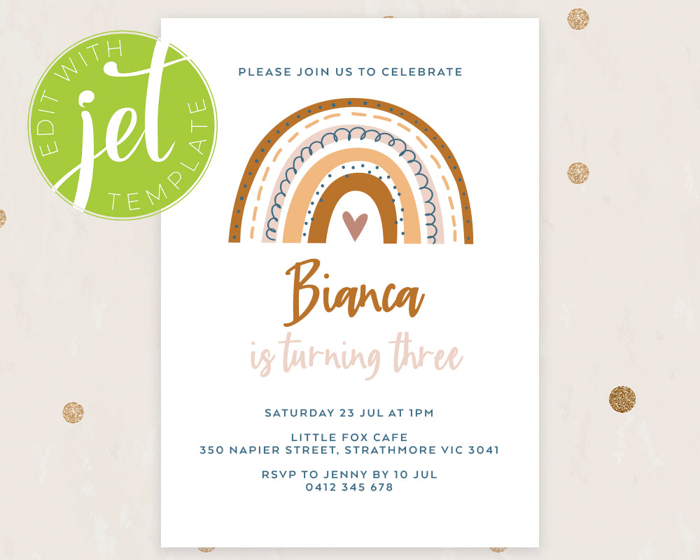 Boho Rainbow Birthday Invitation Template, Print It Yourself Brown Colour Rainbow Birthday, Rainbow Party Invite