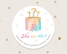 Load image into Gallery viewer, Watercolour Cake Style She or He Baby Gender Reveal Stickers Favour Stickers
