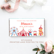 Load image into Gallery viewer, 8pcs Personalised Watercolour Circus Style Chocolate Wrapper, Aldi Chocolate Wrappers, Circus Theme Candy Bars Wrappers
