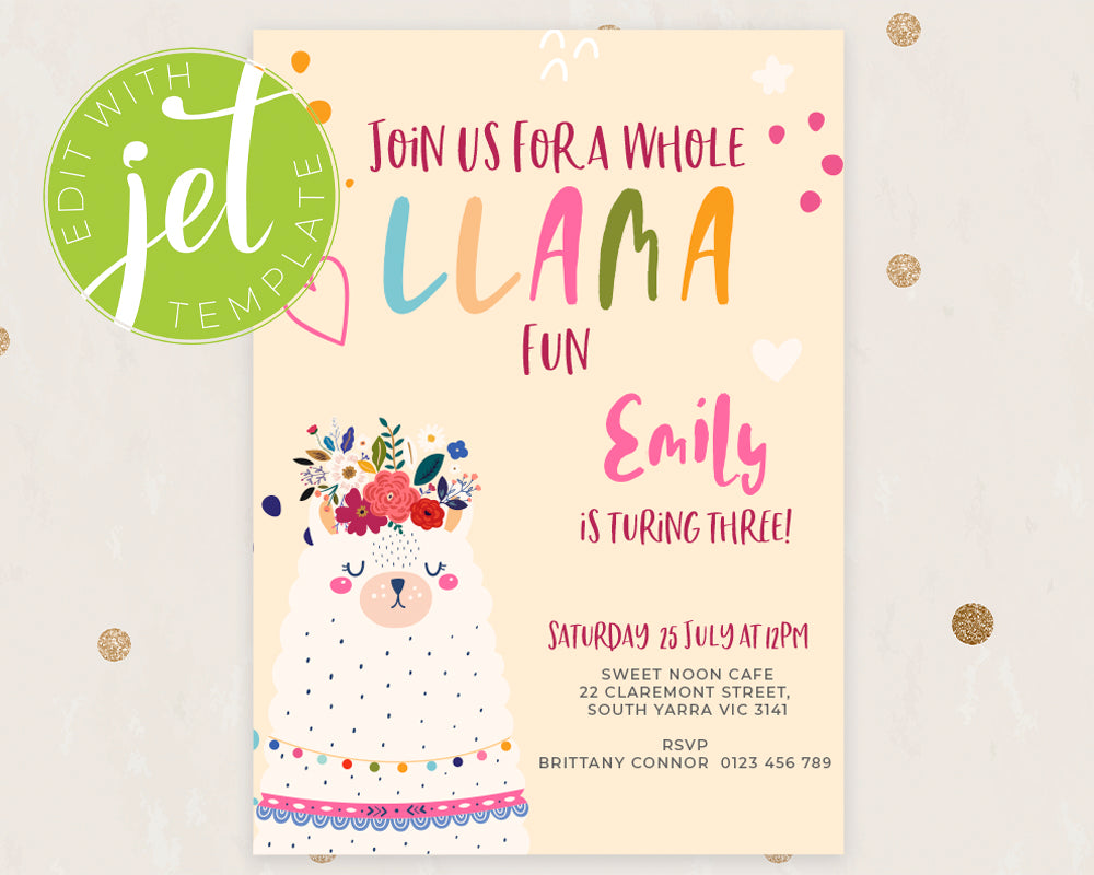 Cute Llama Birthday Invitation Template, Printable Invitation, Cute Llama Fun Party Print It Yourself Llama Party Birthday Invite, Invitation