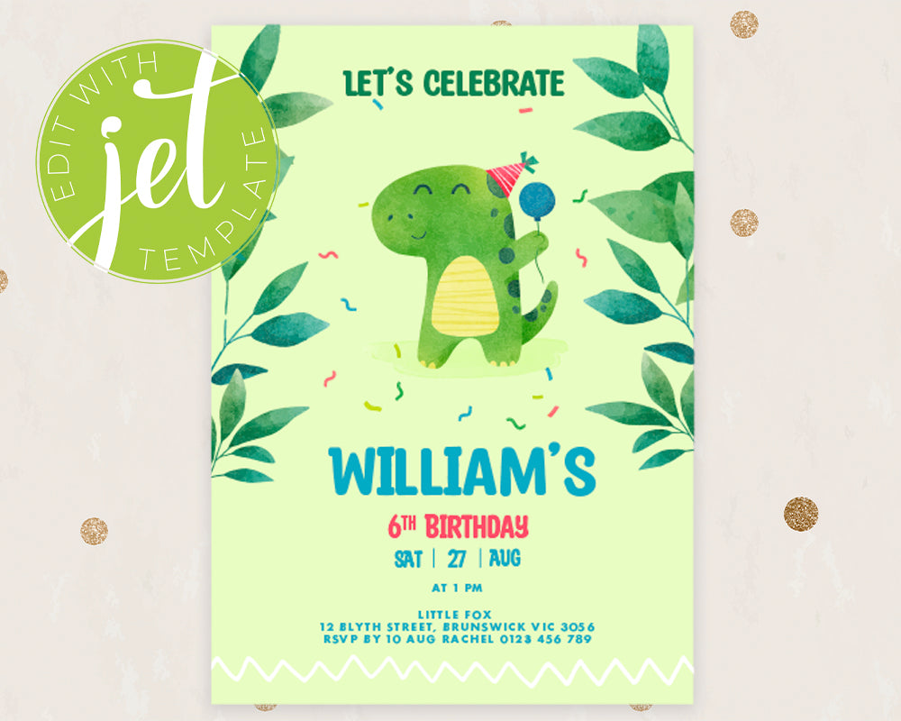 Dinosaur Birthday Invitation Template, Printable Invitation, Cute T-Rex Print It Yourself Dino Party Birthday Invite, Invitation