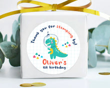 Load image into Gallery viewer, Cute T-Rex Dinosaur &quot;Thank you for stomping by&quot; Kids Birthday Party Stickers
