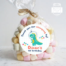 Load image into Gallery viewer, Cute T-Rex Dinosaur &quot;Thank you for stomping by&quot; Kids Birthday Party Stickers
