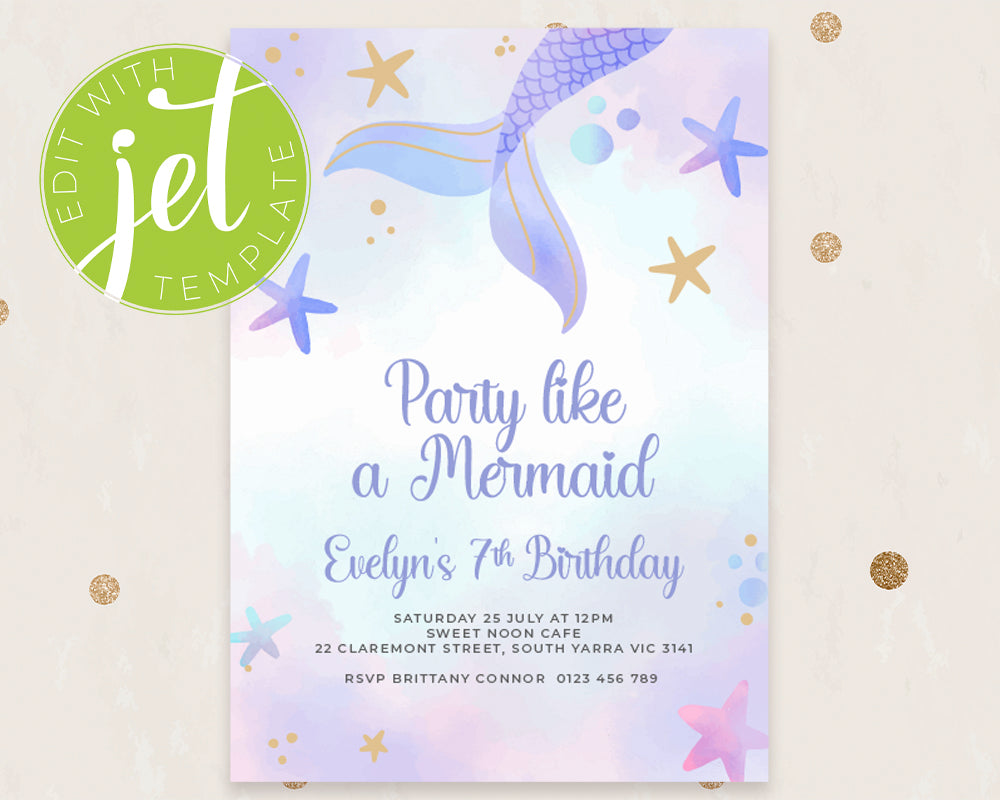 Mermaid Birthday Invitation Instant Printable Invitation, Dreamy Mermaid Print It Yourself Mermaid Party Birthday Invite, Mermaid Invitation
