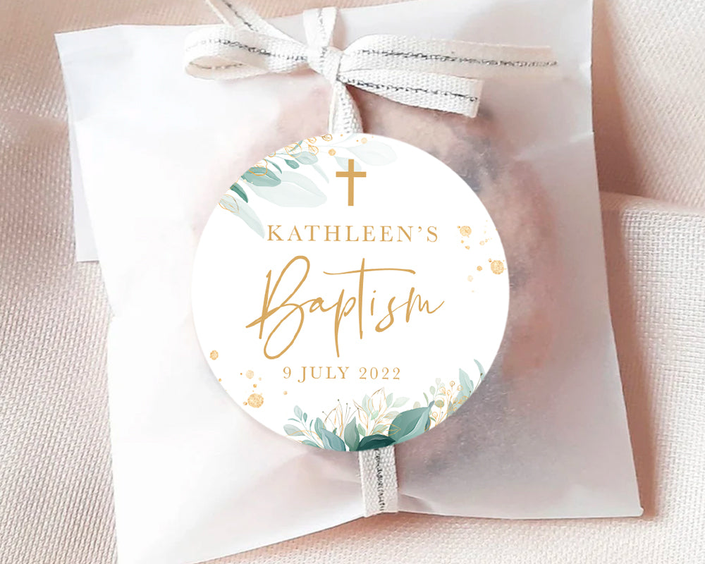 Golden Greenery Leaves Style Christening Baptism Stickers Favour Stickers