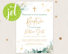 Load image into Gallery viewer, Golden Greenery Style Baptism Christening Invitation Template, Printable Invitation, Green Leaves Print It Yourself First communion Invite
