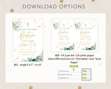 Load image into Gallery viewer, Golden Greenery Style Baptism Christening Invitation Template, Printable Invitation, Green Leaves Print It Yourself First communion Invite

