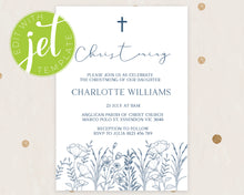 Load image into Gallery viewer, Hand drawn floral Baptism Christening Invitation Printable Invitation, Blue Floral Print It Yourself Elegant Floral First Communion Invitegant Floral First Communion Invite
