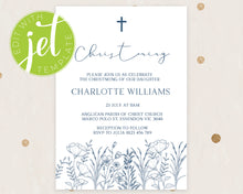 Load image into Gallery viewer, Hand drawn floral Baptism Christening Invitation Printable Invitation, Blue Floral Print It Yourself Elegant Floral First Communion Invitegant Floral First Communion Invite

