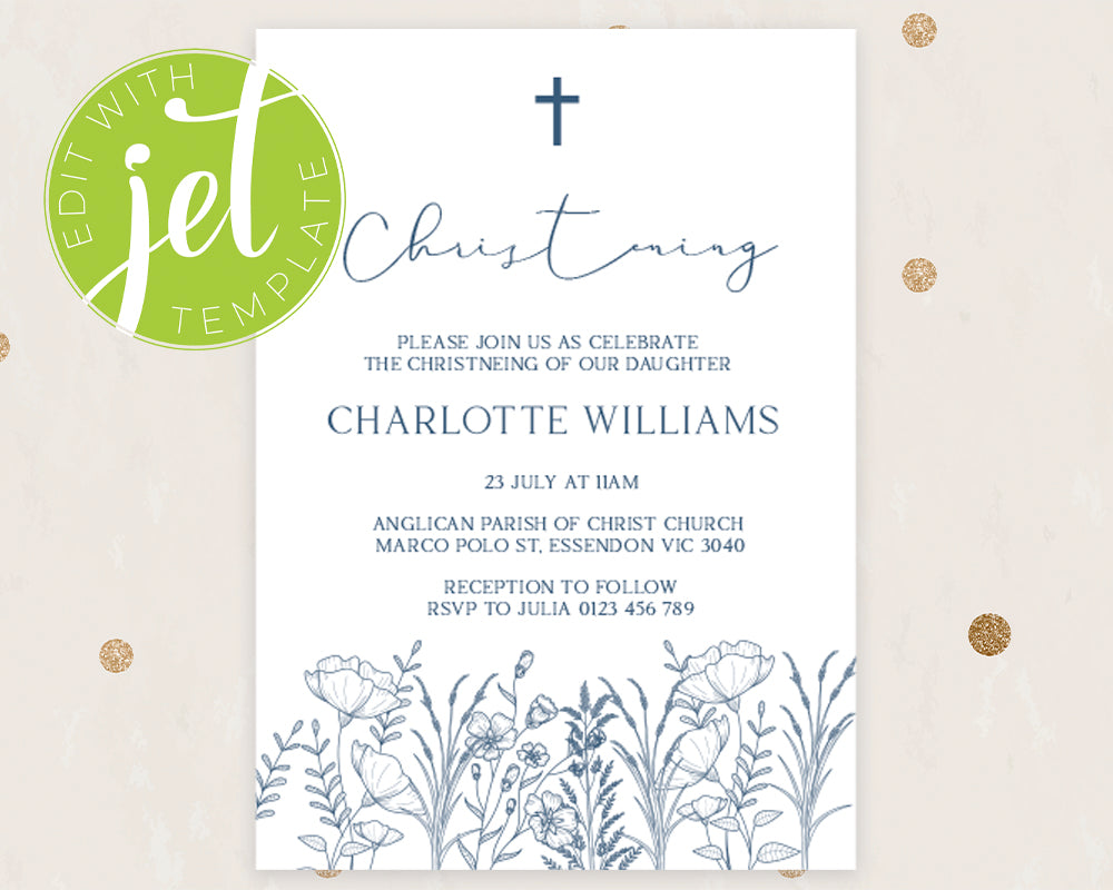 Hand drawn floral Baptism Christening Invitation Printable Invitation, Blue Floral Print It Yourself Elegant Floral First Communion Invitegant Floral First Communion Invite