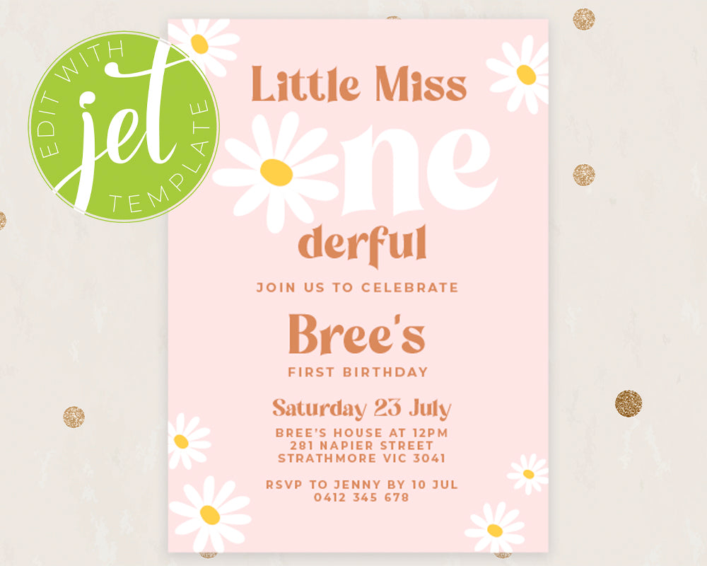 Little Miss Onederful Birthday Invitation Template, Print It Yourself Little Miss Onederful Birthday Daisy Style Invitation