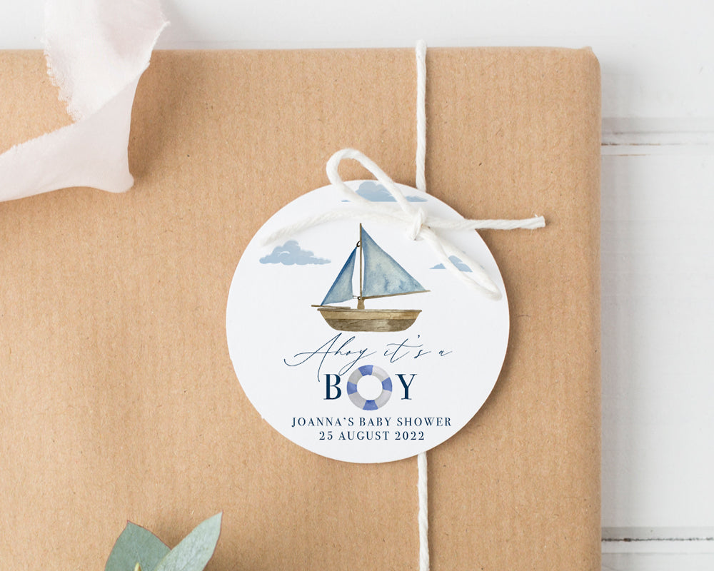 Watercolour Nautical Boat Theme Baby Shower Gift Tags Round Party Favour Tags