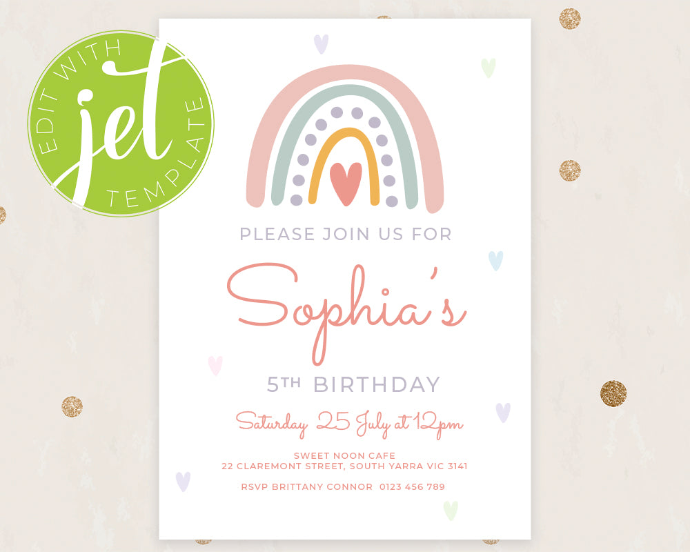 Printable Template Pastel Rainbow Birthday Invitation, Print It Yourself Pastel Colour Rainbow Birthday Invite, Rainbow Style Invitation