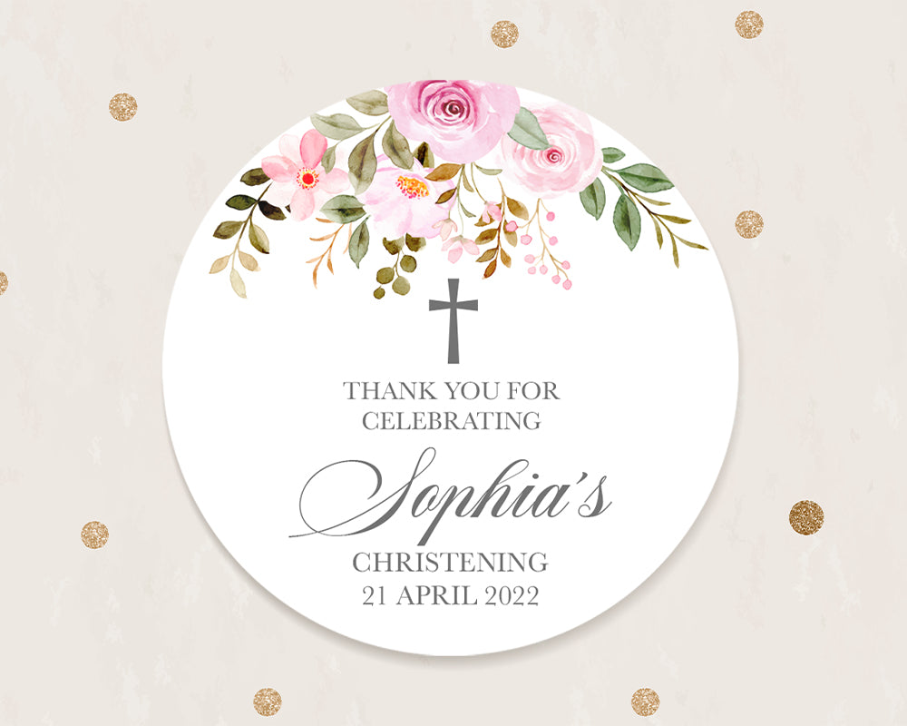 Pink Rose Floral Style Christening Baptism Stickers