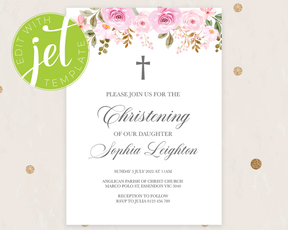 Pink Rose Style Baptism Christening Invitation Template Printable Invitation, Print It Yourself Elegant Floral First Communion Invite