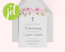 Load image into Gallery viewer, Pink Rose Style Baptism Christening Invitation Template Printable Invitation, Print It Yourself Elegant Floral First Communion Invite
