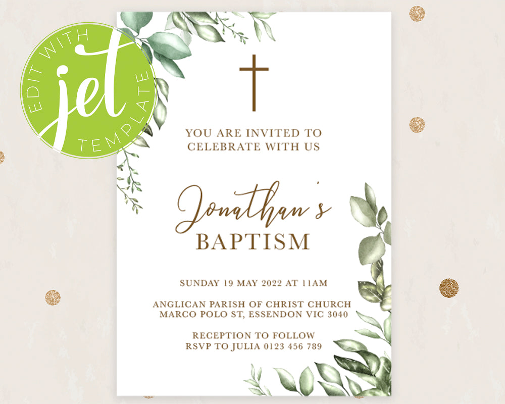 Rustic Greenery Style Baptism Christening Invitation Template, Printable Invitation, Green Leaves Print It Yourself First communion Invite