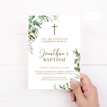 Load image into Gallery viewer, Rustic Greenery Style Baptism Christening Invitation Template, Printable Invitation, Green Leaves Print It Yourself First communion Invite

