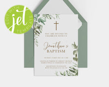 Load image into Gallery viewer, Rustic Greenery Style Baptism Christening Invitation Template, Printable Invitation, Green Leaves Print It Yourself First communion Invite
