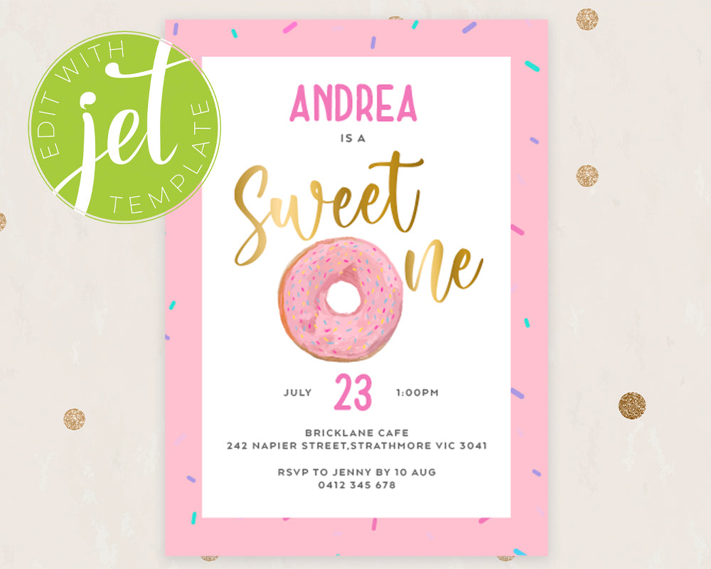 Instant Download Sweet One Doughnut Birthday Invitation Template, Print It Yourself Sweet One Birthday, Doughnut Style Invitation