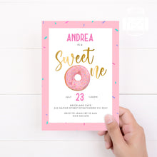 Load image into Gallery viewer, Instant Download Sweet One Doughnut Birthday Invitation Template, Print It Yourself Sweet One Birthday, Doughnut Style Invitation
