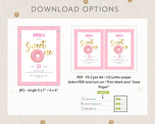 Load image into Gallery viewer, Instant Download Sweet One Doughnut Birthday Invitation Template, Print It Yourself Sweet One Birthday, Doughnut Style Invitation

