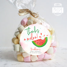 Load image into Gallery viewer, Watercolour Watermelon Style &quot;Thanks a melon&quot; Baby Shower Thank You Stickers Favour Stickers
