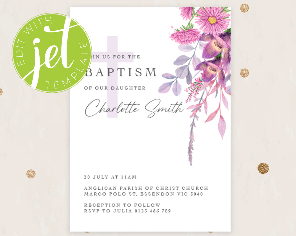 Violet Floral Style Baptism Christening Invitation Template, Printable Invitation, Floral Style Print It Yourself First communion Invite