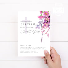 Load image into Gallery viewer, Violet Floral Style Baptism Christening Invitation Template, Printable Invitation, Floral Style Print It Yourself First communion Invite
